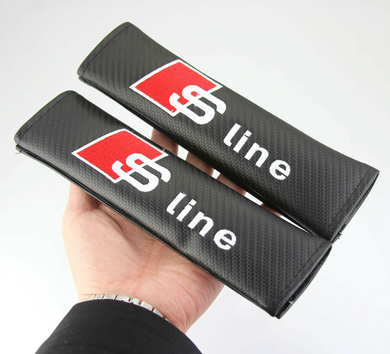 2Pcs S Line Carbon Fiber Embroidery Car Seat Belt Cover Safety Shoulder Pads