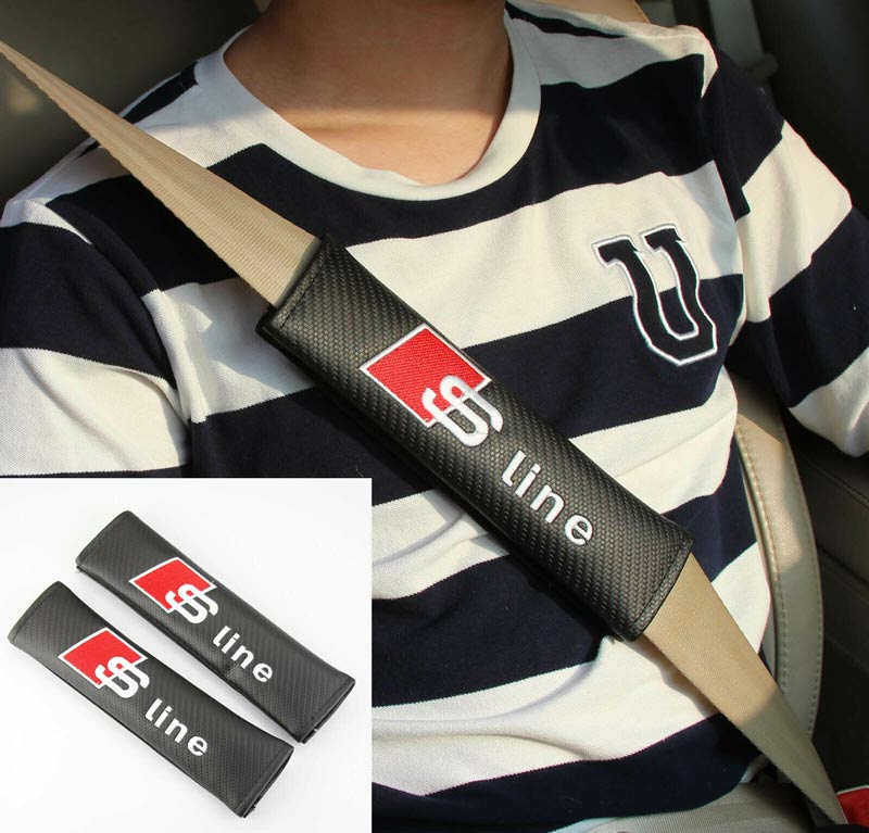 2Pcs S Line Carbon Fiber Embroidery Car Seat Belt Cover Safety Shoulder Pads