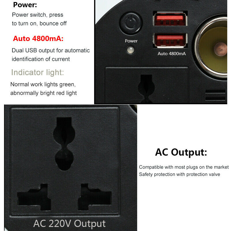 150W Car Power Inverter Cup Holder with AC Outlets and 4.8A Dual USB Charging Ports Car Adapter with Car Cigarette Lighter Socket