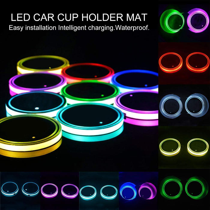 2pcs Universal Car Cup Holder Bottom Mat Water Drinking Holder Organizer Pad USB LED Sensor Atmosphere Lights Cover Lamp 7 Colors