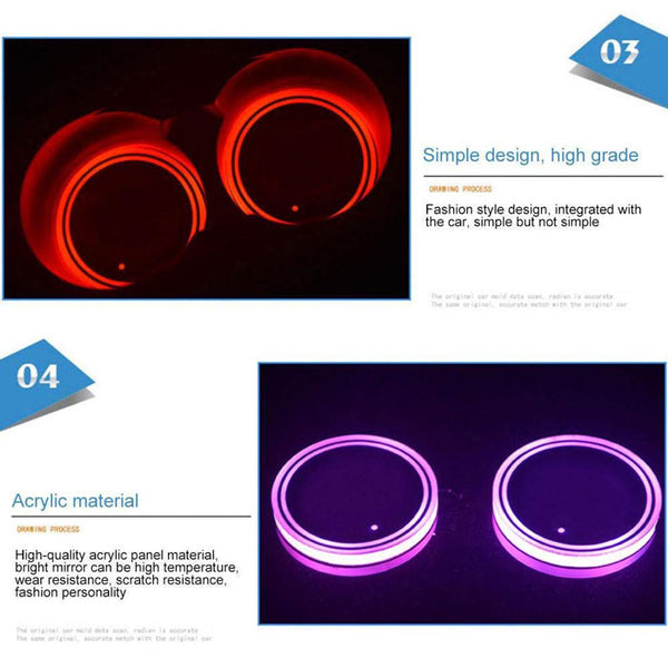 2pcs Universal Car Cup Holder Bottom Mat Water Drinking Holder Organizer Pad USB LED Sensor Atmosphere Lights Cover Lamp 7 Colors