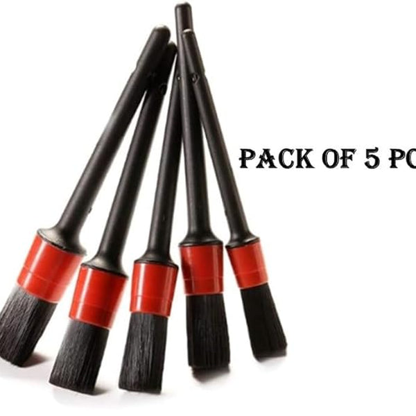 Auto Detailing Brush Set，5 Different Sizes Premium Natural Boar Hair Mixed Fiber Plastic Handle Car Cleaning Tools Kit for Automotive Wheels, Dashboard (Black & red)