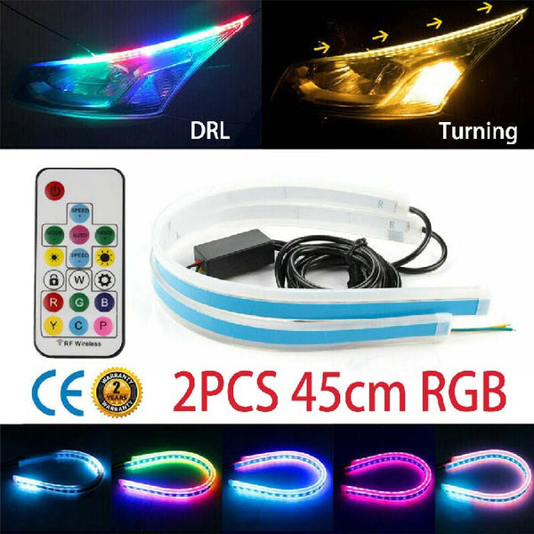 45cm Car Headlight Daytime Running Strip Light RGB Flexible Indicator Lights for Cars & Bikes with Wireless Remote Controller (60 cm, Set of 2 Pieces) (Multicolor)