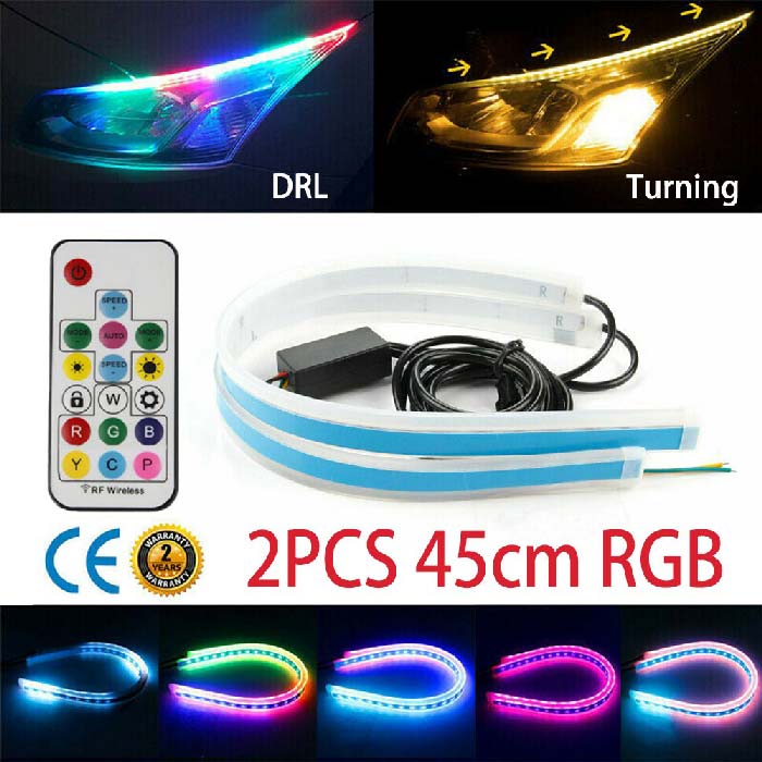 45cm Car Headlight Daytime Running Strip Light RGB Flexible Indicator Lights for Cars & Bikes with Wireless Remote Controller (60 cm, Set of 2 Pieces) (Multicolor)