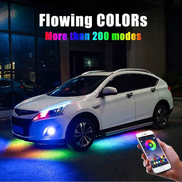 4PCS 2x90cm + 2x120cm 12V IP65 Bluetooth App Control Flowing Color RGB LED Strip Under Car Tube Underglow Underbody System Neon Light