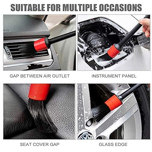 Auto Detailing Brush Set，5 Different Sizes Premium Natural Boar Hair Mixed Fiber Plastic Handle Car Cleaning Tools Kit for Automotive Wheels, Dashboard (Black & red)