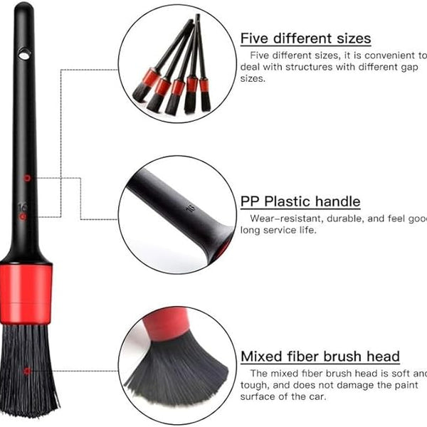 Auto Detailing Brush Set，5 Different Sizes Premium Natural Boar Hair Mixed Fiber Plastic Handle Car Cleaning Tools Kit for Automotive Wheels, Dashboard (Black & red)