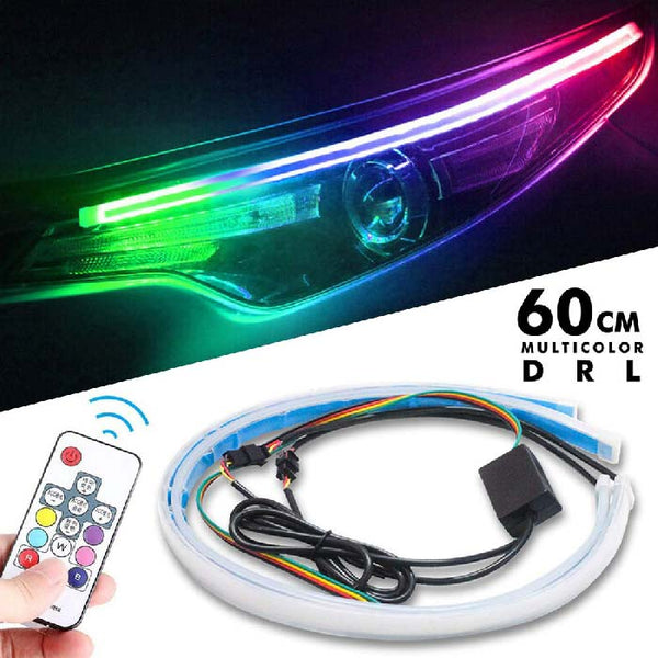 60cm Car Headlight Daytime Running Strip Light RGB Flexible Indicator Lights for Cars & Bikes with Wireless Remote Controller (60 cm, Set of 2 Pieces) (Multicolor)