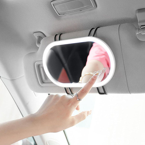 Car Oval Visor Vanity Mirror With Dimmable 23 LED Lights Car Cosmetic Mirror With Built-in Battery Rechargeable Battery For Compatible with Toyota Innova Hycross (White)