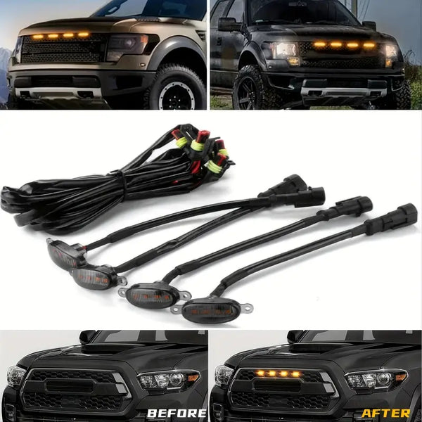 4Pcs Car Grille Lights Bright Amber LED Grill Lights with Wiring Harness Front Grill Trim Lamps Vehicle Exterior Grille Lamps