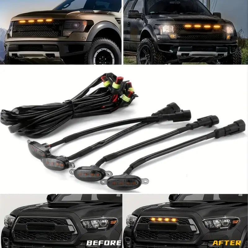 4Pcs Car Grille Lights Bright Amber LED Grill Lights with Wiring Harness Front Grill Trim Lamps Vehicle Exterior Grille Lamps