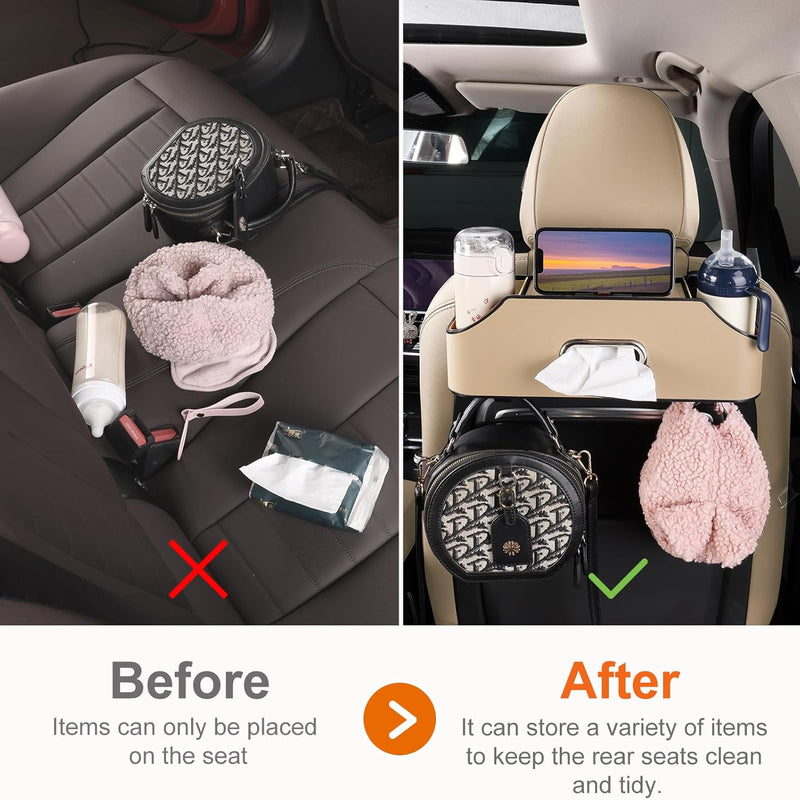 Car Seat Organizer - Cup Holder, Car Tissue Holder and Hooks Keep Your Back Seat