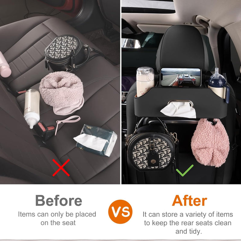 Car Seat Organizer - Cup Holder, Car Tissue Holder and Hooks Keep Your Back Seat