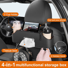Car Seat Organizer - Cup Holder, Car Tissue Holder and Hooks Keep Your Back Seat