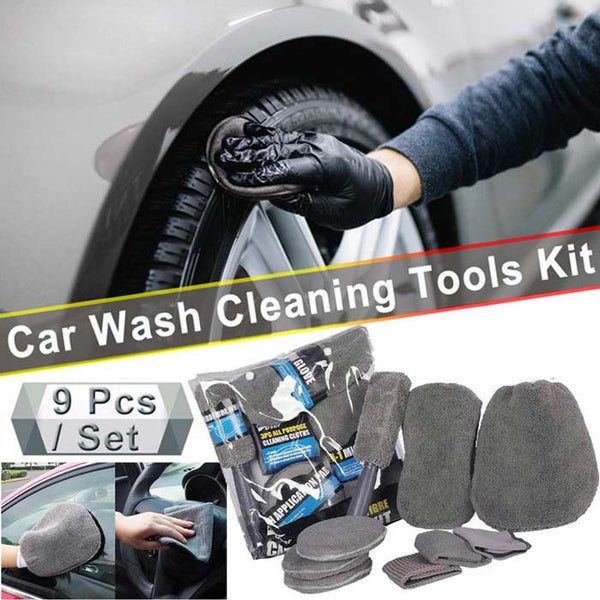9pcs Dark Gray Car Wash Cleaning Kit Microfiber Auto Detailing Washing Tools