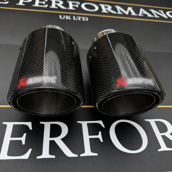 2 STAINLESS SILVER & BLACK CARBON FIBRE AKRAPOVIC EXHAUST TIPS 4” ROLLED EDGE