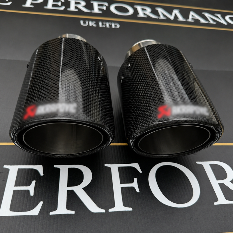2 STAINLESS SILVER & BLACK CARBON FIBRE AKRAPOVIC EXHAUST TIPS 4” ROLLED EDGE