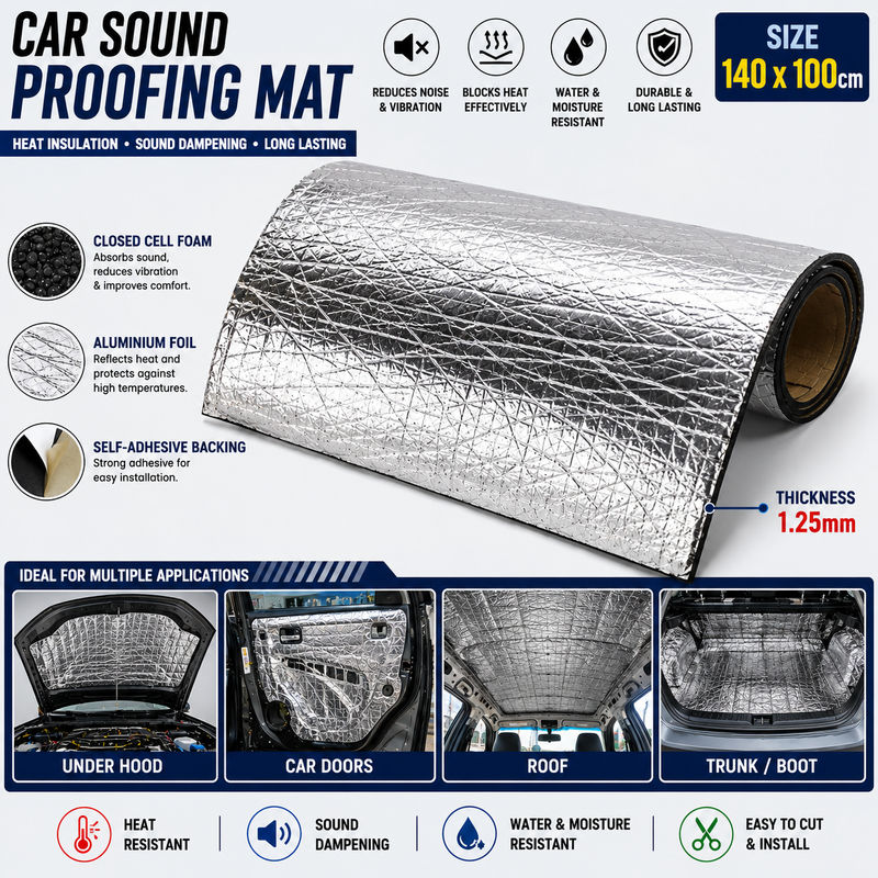 1 Pc 140 X 100 cm , 1.25 mm Thickness Universal Car Damping Heat and Sound Insulation Sheet For Under Hood And Door