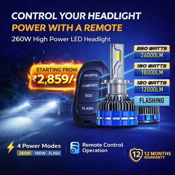 4 Level Remote Controller High Power 260W, 180W, 120W & FLASH Mode 6000K White 12v Car LED Headlight