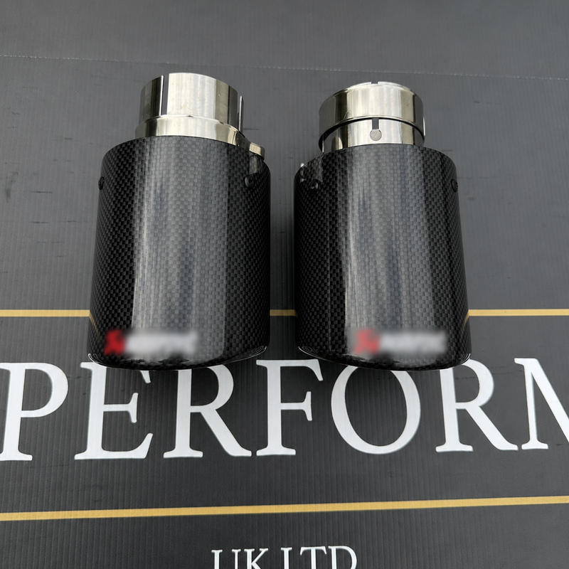2 STAINLESS SILVER & BLACK CARBON FIBRE AKRAPOVIC EXHAUST TIPS 4” ROLLED EDGE