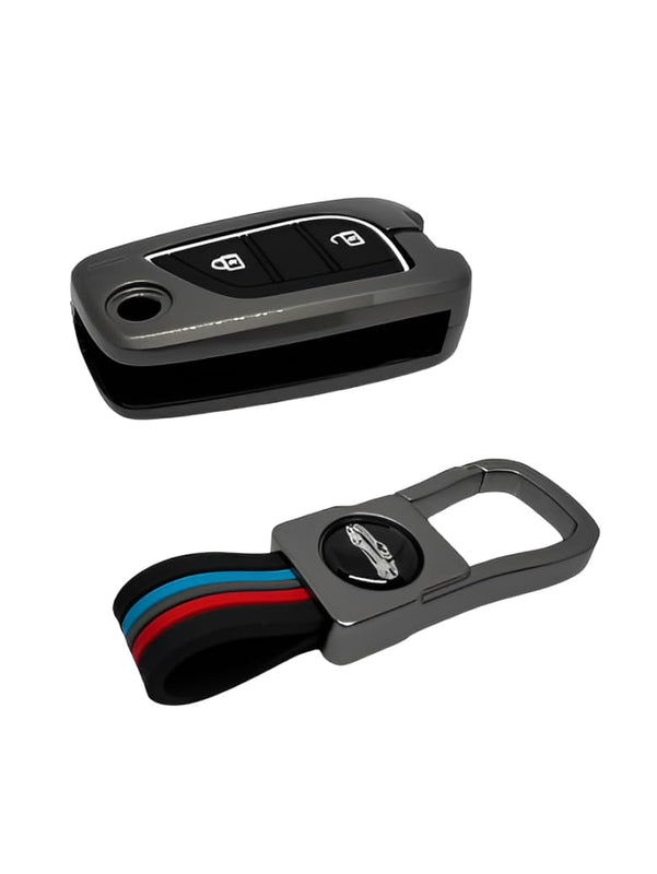 Car 2 Button Flip Smart key Metal Key Cover Shell With Keychain & Full Protection Compatible With Toyota Innova Crysta Corolla-Altis Camry HyCross Hilux