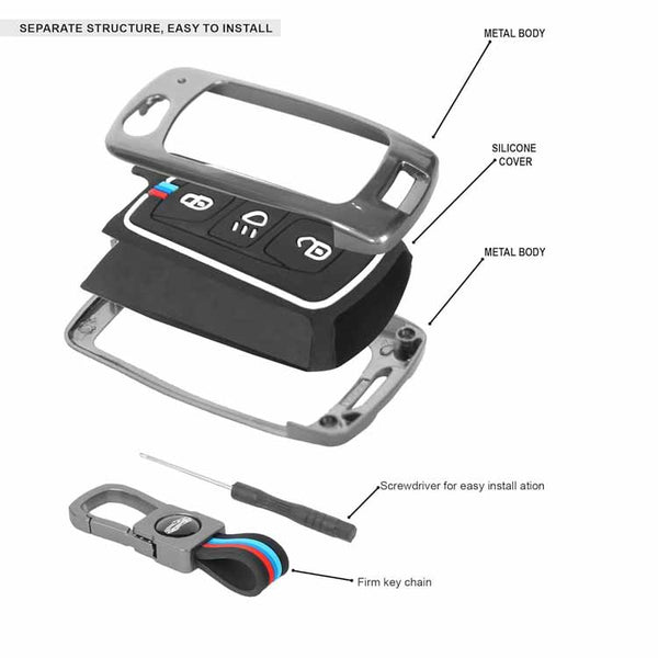 Car Metal 3 Button Flip Key Cover Compatible with Tata Tiago Nexon Altroz Safari Storme Zest Bolt Tigor Punch Hexa