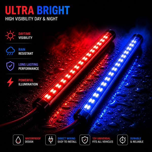 2pcs Red Blue Stylish LED Strip Lights Waterproof Car Flasher 12V