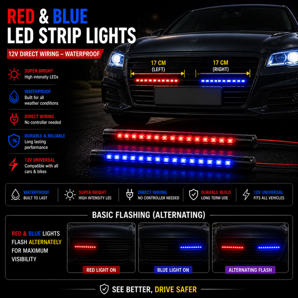 2pcs Red Blue Stylish LED Strip Lights Waterproof Car Flasher 12V