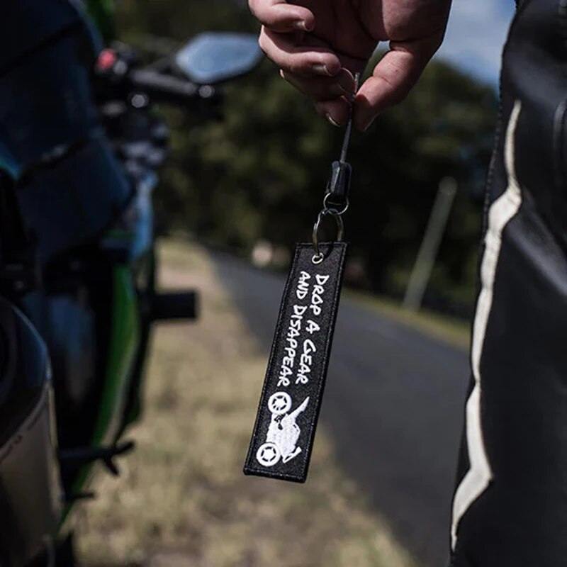DROP A GEAR AND DISAPPEAR Car Bike Embroidered Fabric Tag Strap Keyring Key Holder
