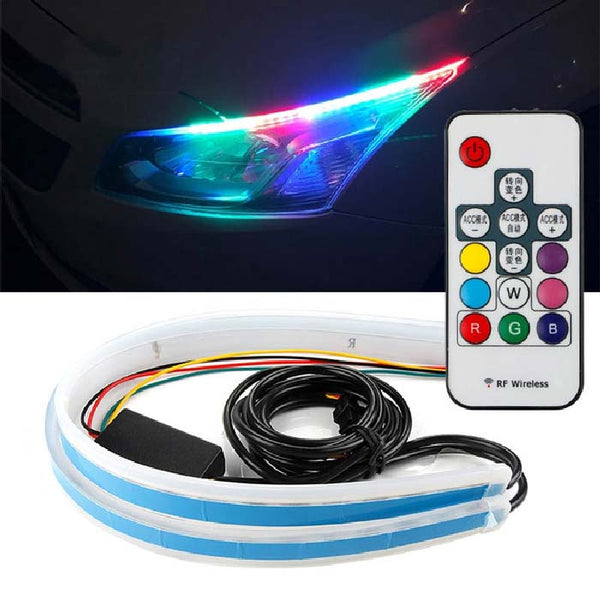 60cm Car Headlight Daytime Running Strip Light RGB Flexible Indicator Lights for Cars & Bikes with Wireless Remote Controller (60 cm, Set of 2 Pieces) (Multicolor)
