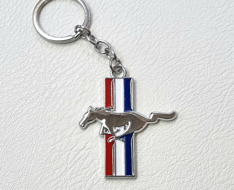 Ford Mustang Tri-Bar Full-Color Die-Cut Metal Key Chain, Key-Charm, Keychain
