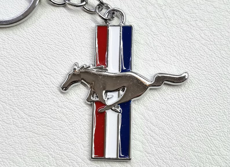 Ford Mustang Tri-Bar Full-Color Die-Cut Metal Key Chain, Key-Charm, Keychain