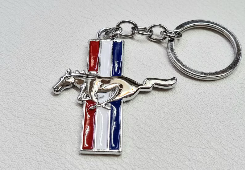 Ford Mustang Tri-Bar Full-Color Die-Cut Metal Key Chain, Key-Charm, Keychain