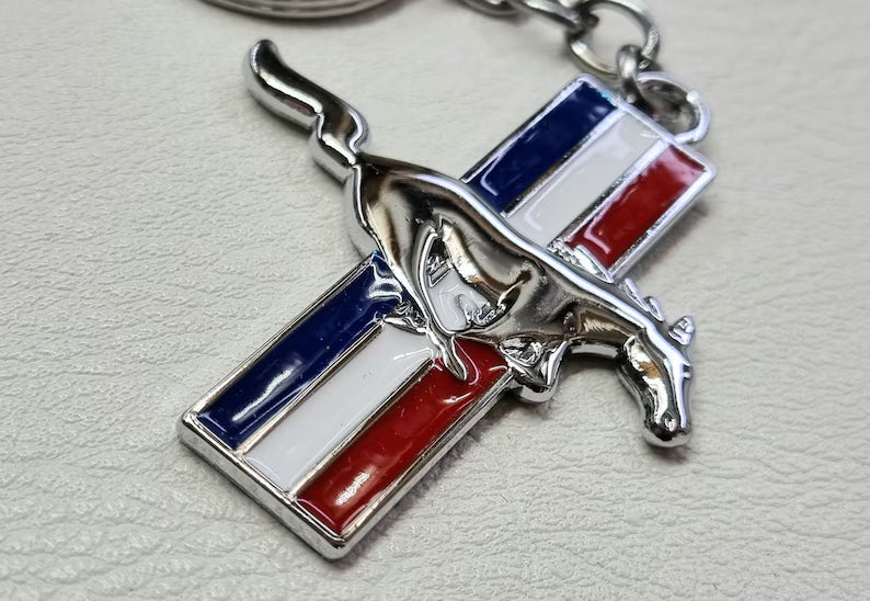 Ford Mustang Tri-Bar Full-Color Die-Cut Metal Key Chain, Key-Charm, Keychain