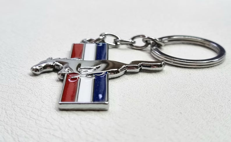 Ford Mustang Tri-Bar Full-Color Die-Cut Metal Key Chain, Key-Charm, Keychain