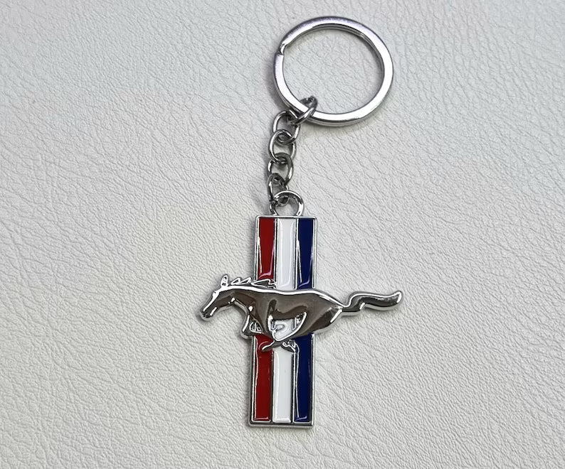 Ford Mustang Tri-Bar Full-Color Die-Cut Metal Key Chain, Key-Charm, Keychain
