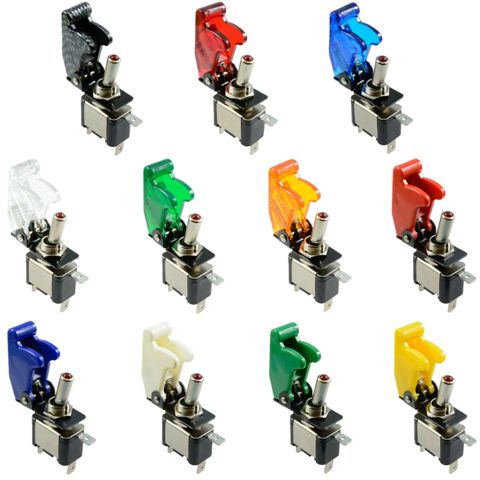 illuminated LED Toggle Switch With Missile Style Flick Cover 12V Car Dash CARBON
