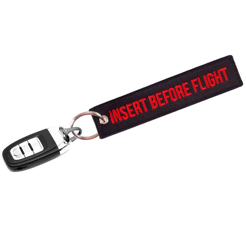 INSERT BEFORE FLIGHT Car Bike Embroidered Fabric Tag Strap Keyring Key Holder