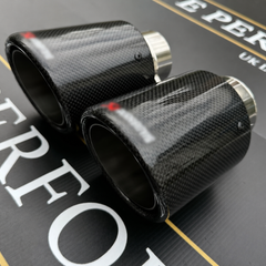 2 STAINLESS SILVER & BLACK CARBON FIBRE AKRAPOVIC EXHAUST TIPS 4” ROLLED EDGE