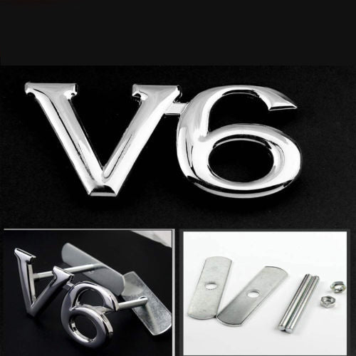 1pc Front Grill Silver V-6 3D Car Emblem Tuning Metal Logo Badge