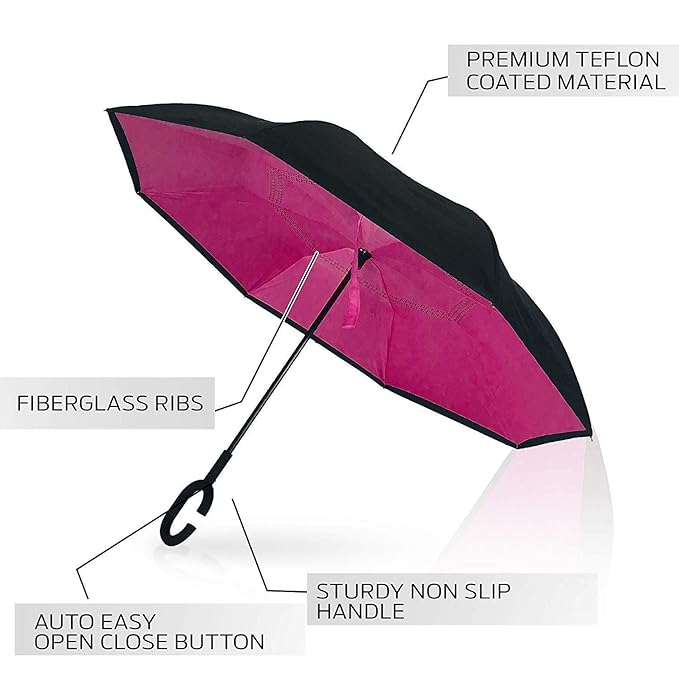 Stylish Newest Double Layer Inverted Umbrella Big Size for Rain| Reversible Windproof Umbrella for UV Protection with C-Shaped Handle| Straight Outdoor Car Umbrellas for Men & Women