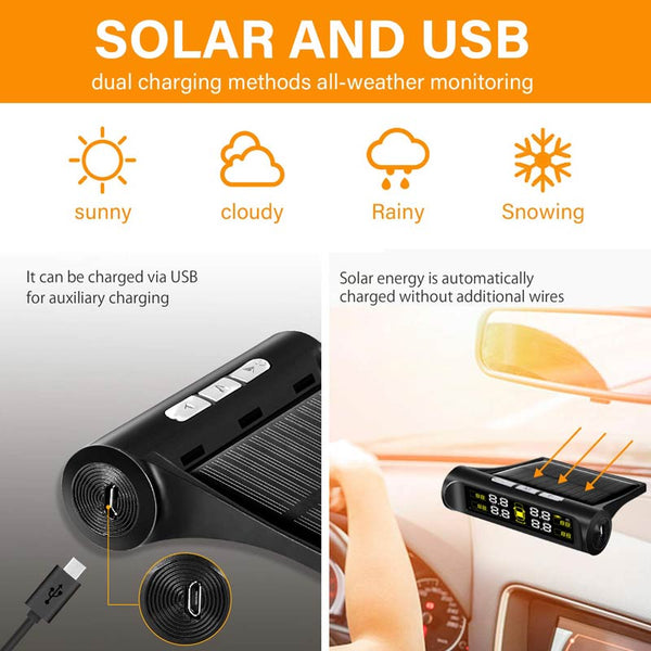Car TPMS OEM Tire Pressure Digital Solar Energy Monitoring System Auto Security Tire Pressure Alarm Systems LCD Display with 4 Internal Sensors