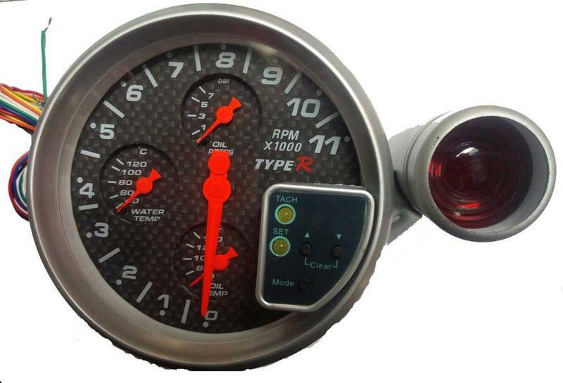 TYPE-R 5inch Car 4x4 SUV Gypsy Off Road RPM Tachometer, Water Temp, Oil Temp & Oil Pressure 4 in 1 with Shift light (Carbon Black)