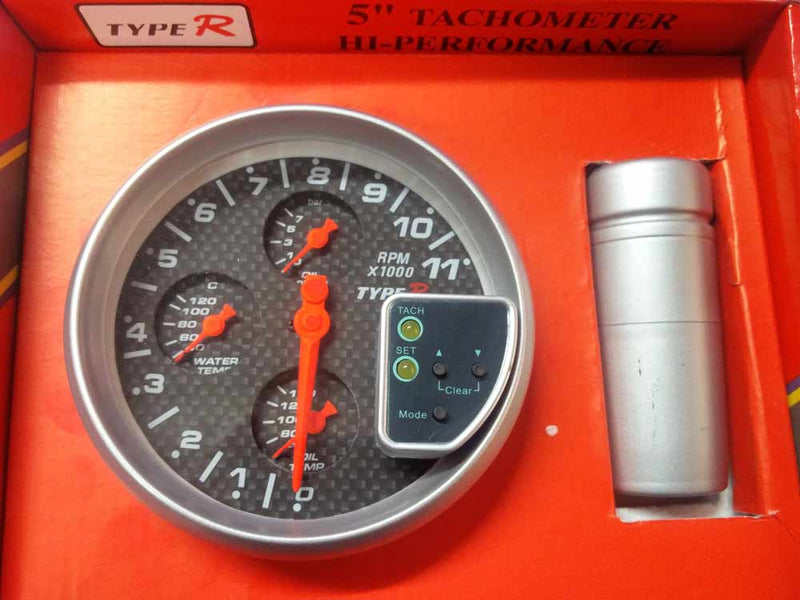 TYPE-R 5inch Car 4x4 SUV Gypsy Off Road RPM Tachometer, Water Temp, Oil Temp & Oil Pressure 4 in 1 with Shift light (Carbon Black)