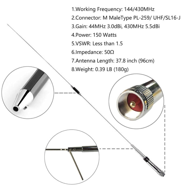 UHF Mobile Car Radio Antenna 27MHz 150W 3.0dBi Mobile Antenna Length 130CM(51.1in) (1 Pack)