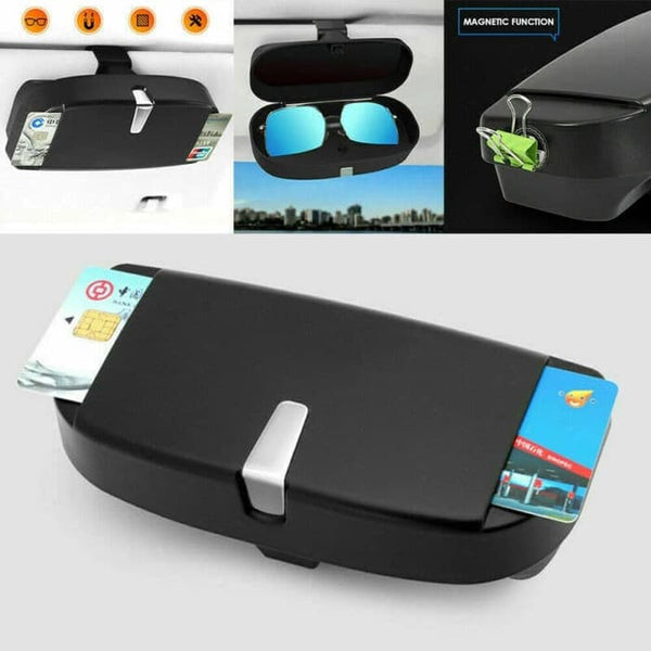 GREY Glasses Holder for Car Sun Visor, Universal Car Sunglasses Eyeglasses Case Storage Box Organizer Car Glasses Holder Sun Visor Clip with Ticket Card Holder and Magnetic Function